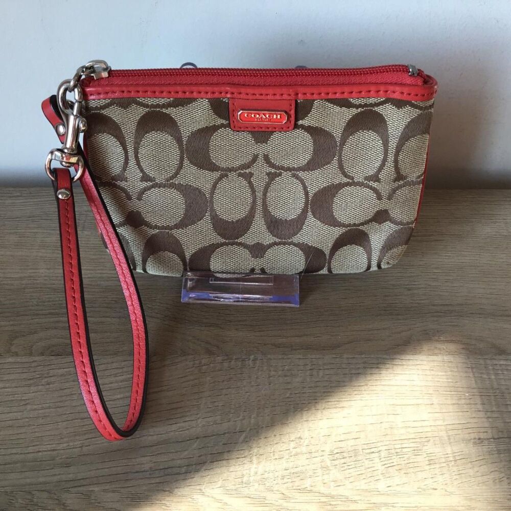 Coach Brown Signature "C" Canvas Zip Wristlet, Orange Leather Trim